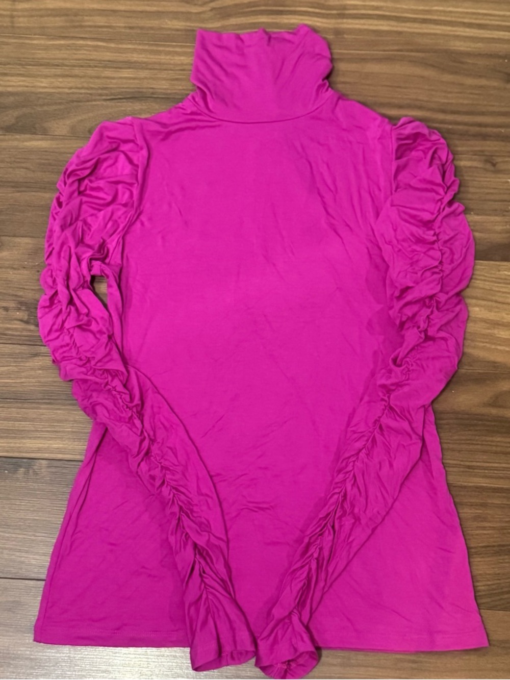 Melanie Lyne Ruched Sleeve Turtleneck Top - Bright Fuchsia Small strechable